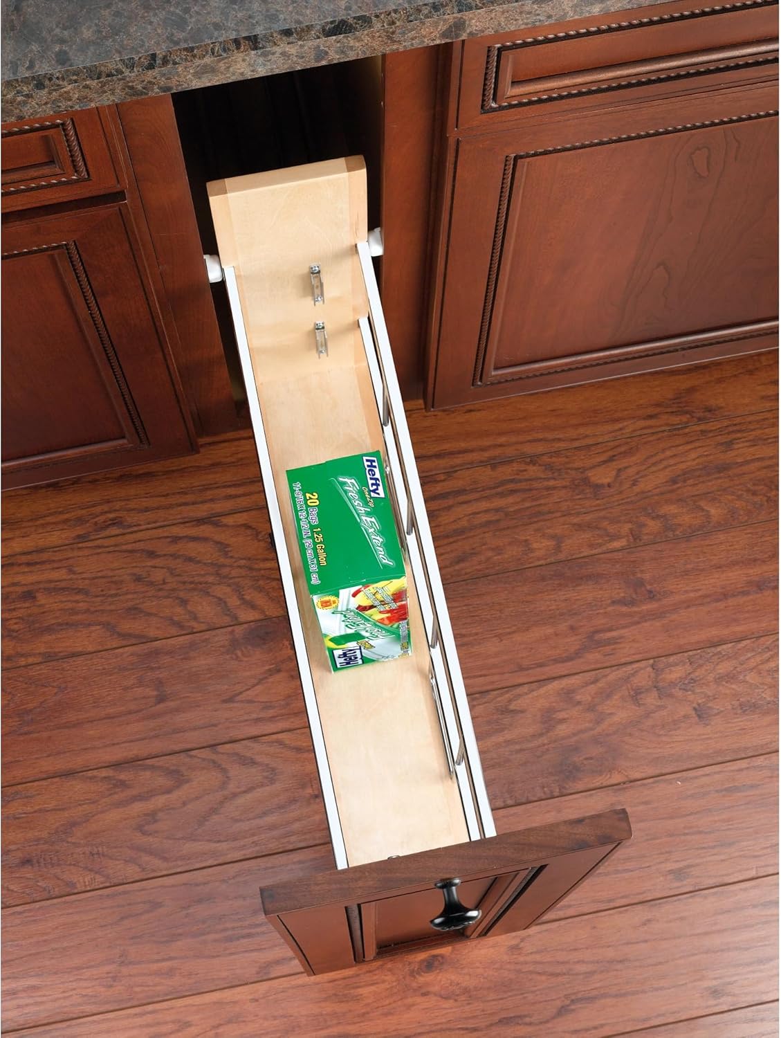 Rev-A-Shelf 8" Pullout Wooden Bakeware Organizer Shelf for Kitchen Cabinets, Pots and Pans Wire Storage Rack w/ Soft-Close Slides, 447-BCSC-8C