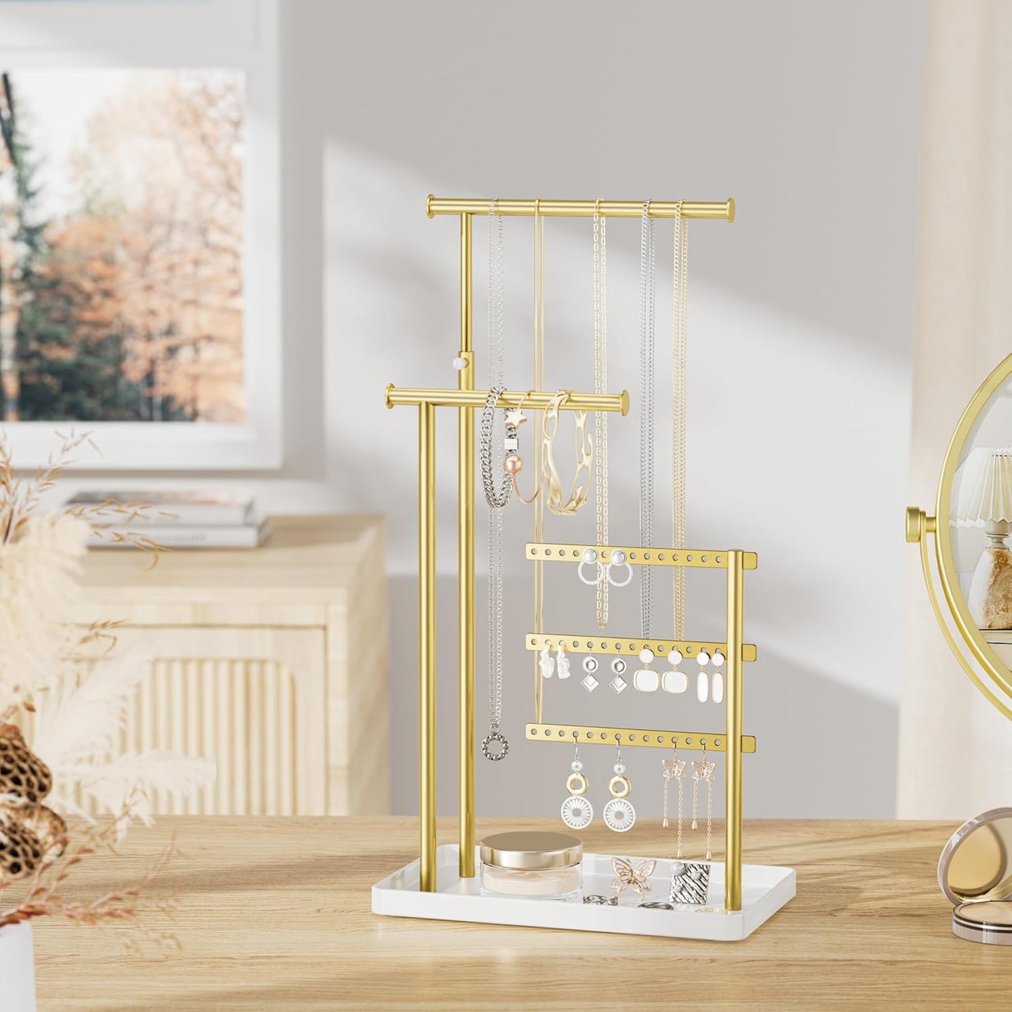 Jewelry Holder Organizer Stand - Adjustable Tall 17.5" (Max), Sturdy Jewelry Hanger for Necklaces, Earrings, Bracelets, Rings, Jewlery Display and Storage, Gold and White, Metal