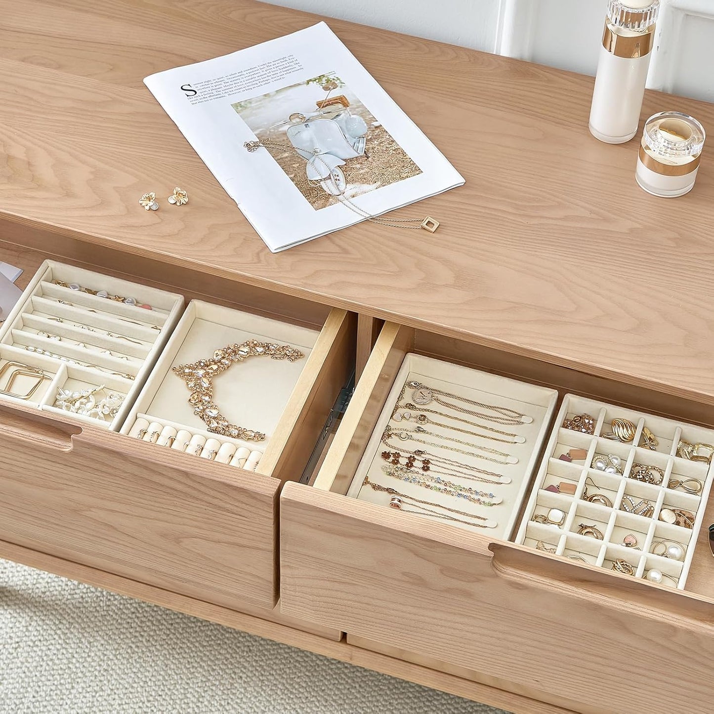 ProCase Stackable Jewelry Organizer Trays for Drawers, Jewelry Drawer Inserts Container Display Case Storage for Earring Necklace Rings Bracelet with Removable Dividers -Beige, 4 Layers