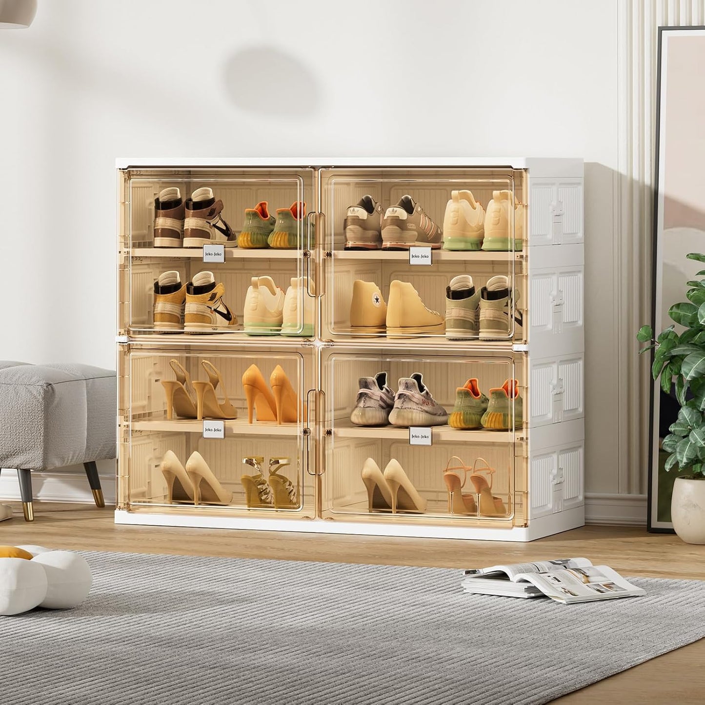 JEKO&JEKO 4 Tiers Foldable Shoe Rack Organizer Cabinet for Closet Entryway, Large Collapsible Shoe Storage Box with Magnetic Doors Fits Up to 16 Pairs (White)
