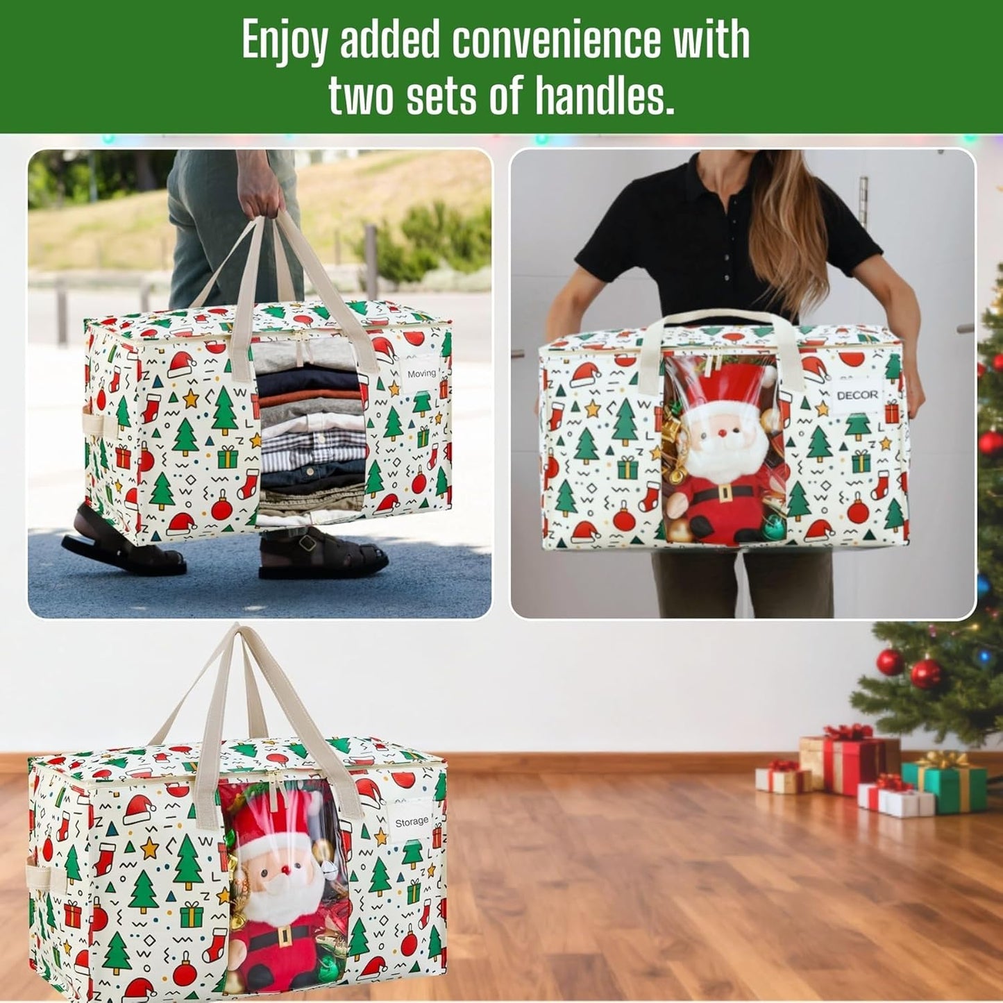 VENO 6 Pack Moving Bags, Large Christmas Storage Bins with lids, Packing Supplies for College, Alternative to Moving Boxes, Foldable, Heavy-Duty Tote, Christmas Pattern (Jingle Mix, 6 Pack)