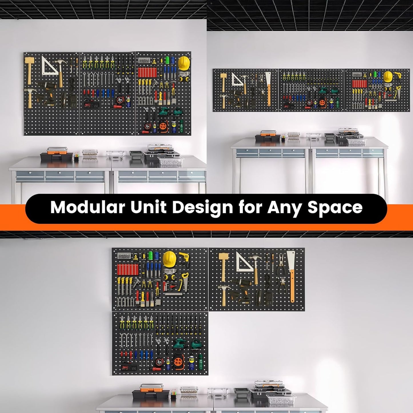 Pegboard, 3 PCS 24"×16" Metal Peg Board Panels Black Modular Wall Organizer Kit with 30 Hooks, Dual-Size Hole Design for Home Tool Storage, Garage Organization, Kitchen, Office, Craft Room