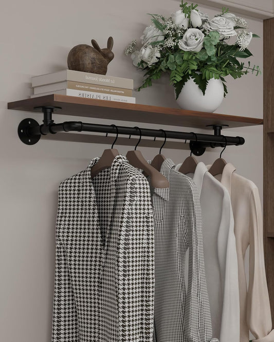 Clothes Rack 36in, Wall Mounted Garment Rack with Real Walnut Wood Shelf, Heavy Duty Hanging Clothes shelf, Multi-Purpose Hanging Rod, Space-Saving Closet Storage (Walnut, 1T36IN)