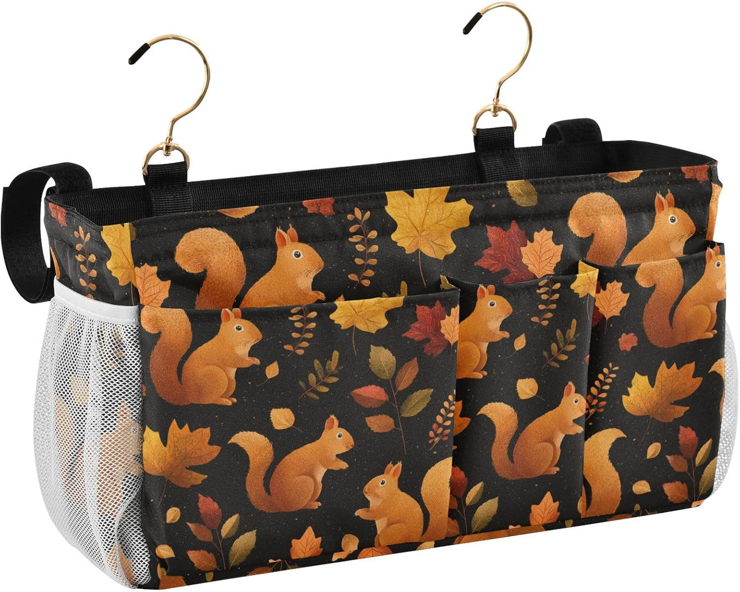 Black Orange Squirrel Leaves Falling Bedside Caddy for Dorm Bed Bedside Hanging Caddy Bag Iron Frame Storage Organizer Pocket for Bunk Home College Hospital Beds 2 Hooks