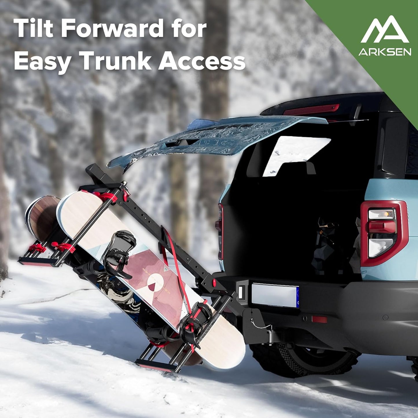 Arksen Folding Hitch-Mounted Ski/Snowboard Rack, Snowboard Mount Carries 6 Pair Skis or 4 Snowboards Fits 2" or 1.25" Receivers, Trailer Hitch Ski Rack with Key Lock, Security Strap, Tilt Access