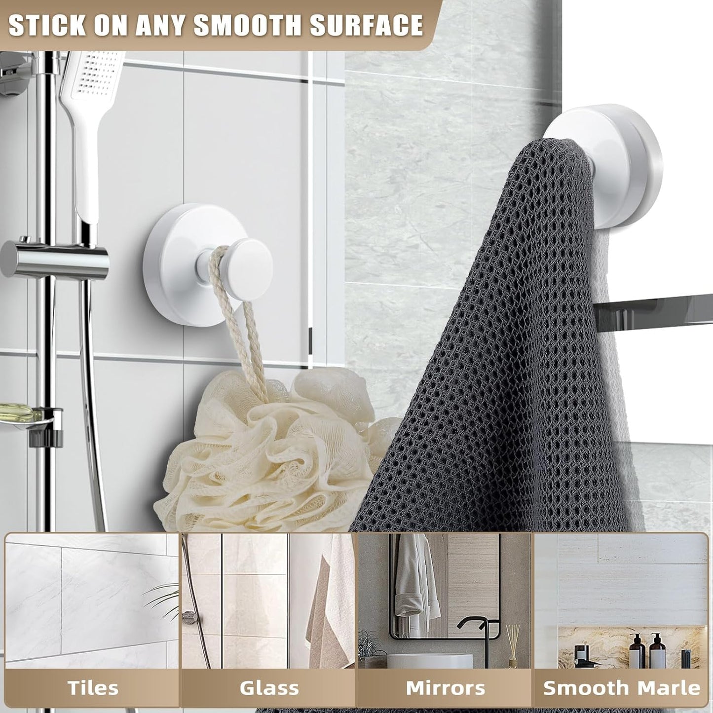 Suction Cup Hooks for Shower No-Drill Bathroom Hooks for Towels, Robes, Loofah Mountable on Bathroom Walls, Kitchen, Glass, Mirrors, Tile and Smooth,Non-Porous Surfaces (2, White)