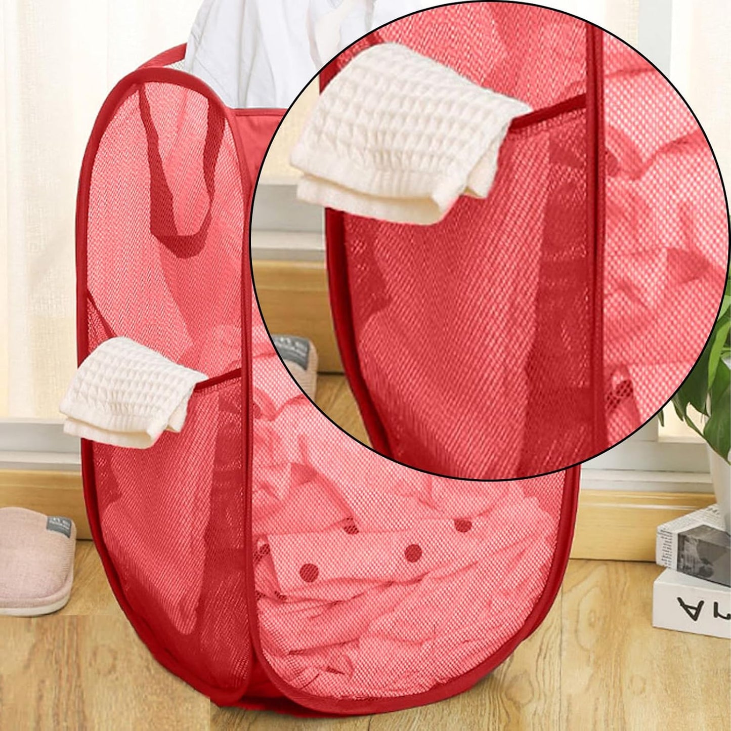 Larpur Popup Mesh Laundry Basket, Collapsible and Portable Clothes Washing Laundry Hamper with Reinforced Carry Handle (Red)