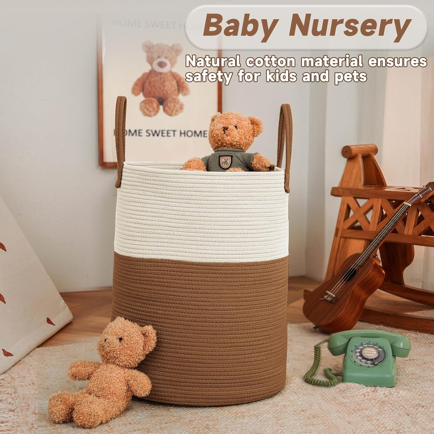 Large Woven Laundry Basket Hamper,60L Cotton Rope Storage Bin for Blankets,Toys and Clothes,Decorative Tall Nursery Hamper for Living Room,Baby Nursery,Bathroom and Bedroom,White and Brown
