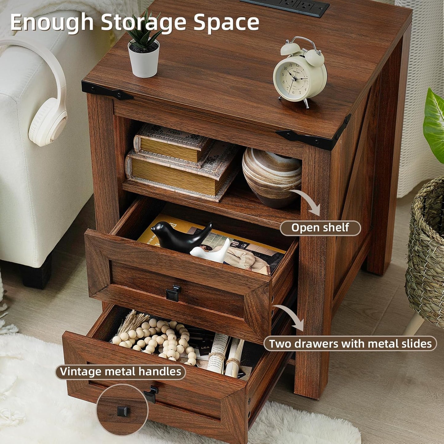 Nightstands Set of 2 with Charging Station, Farmhouse Side End Table with 2 Drawers and Open Shelf, Wood Rustic Sofa Table, Bedside Cabinet for Bedroom, Living Room, Closet, Office(Brown)