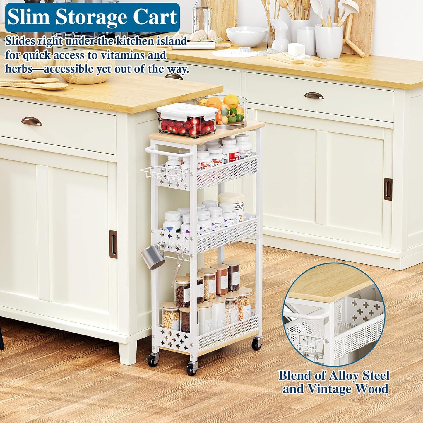 Rolling Slim Storage Cart, 4-Tier Narrow Bathroom Laundry Room Organization Cart, Metal Kitchen Storage Mobile Shelf Unit Organizer with Wood Top, Slim Utility Cart with Wheels for Small Space