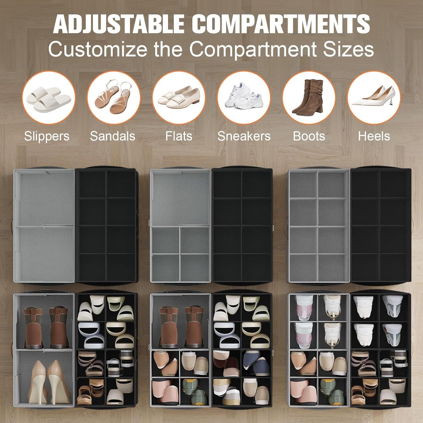 Shoe Organizer for Closet, 2 Pack Foldable Shoe Storage Organizer with Adjustable Dividers, Shoe Storage Box with Clear Cover, Fits up to 16 Pairs, Black & Gray