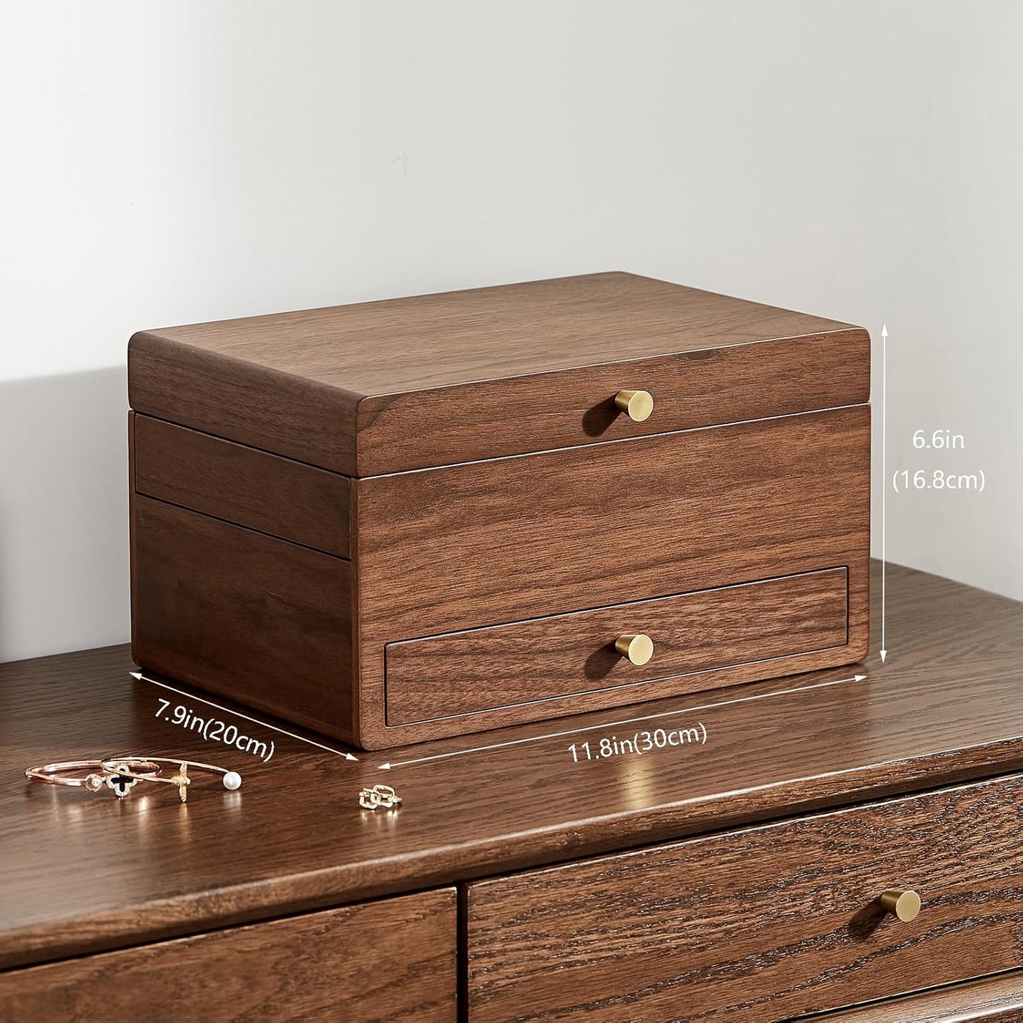 Wooden Jewelry Box for Women, 3 Level Multi-functional Drawers Black Walnut Jewelry Organizer Box, Watch, Necklace, Ring, Earring Storage - Gifts (No Mirror)