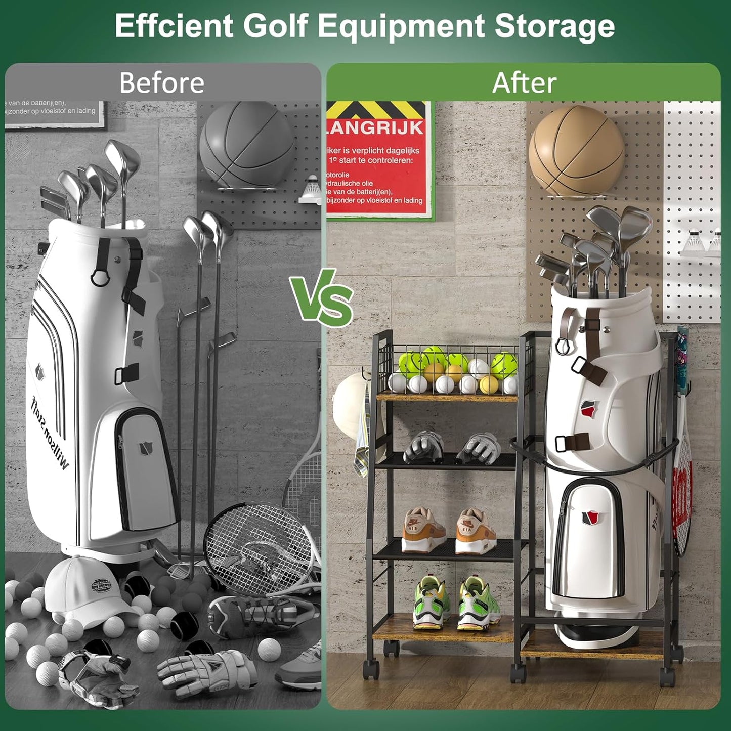 Golf Bag Garage Storage Rack with Wheels, Organizer for Single Golf Bag and Equipment Accessories, Ideal for Home, Garage, Club, Shed, Basement - Sturdy Wood and Metal Construction (Black)