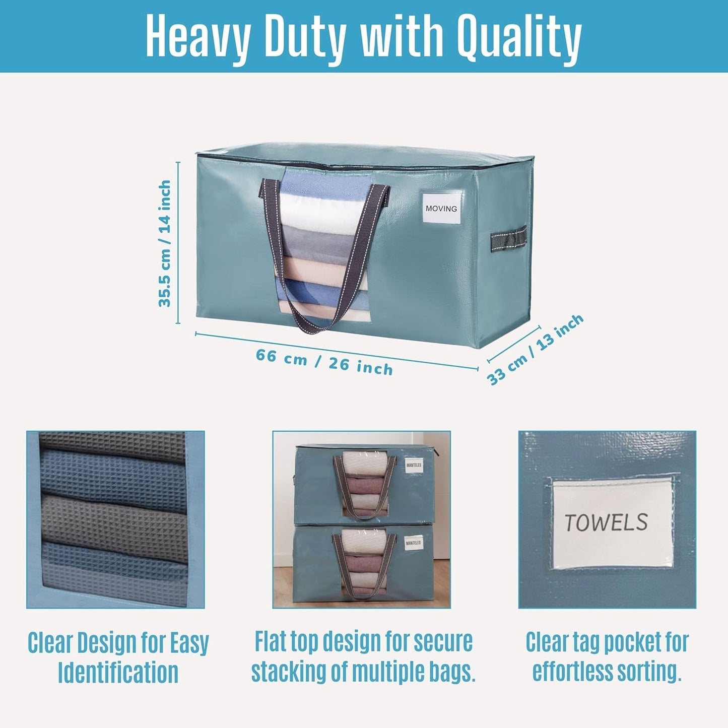 VENO 4 Pack Moving Bags, Comforter and Blanket Storage Bags for Closet, Moving Boxes, Boxes with Lids Alternative, College Dorm Packing Supplies, Foldable Heavy-Duty Tote (Shiny Light Blue, 4 Pack)