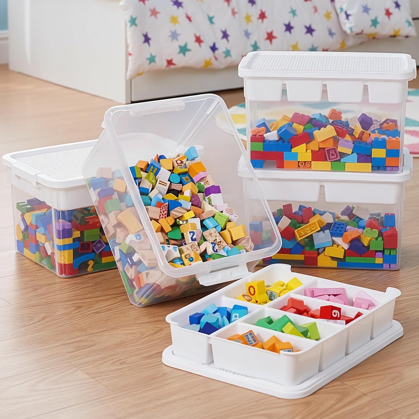 Citylife 32 QT Stackable Toy Storage with Building Baseplate Lid and Removable Tray Tool Box Organizer Storage Bins with Lids for Organizing Bead, Tool, Sewing, 2 Packs