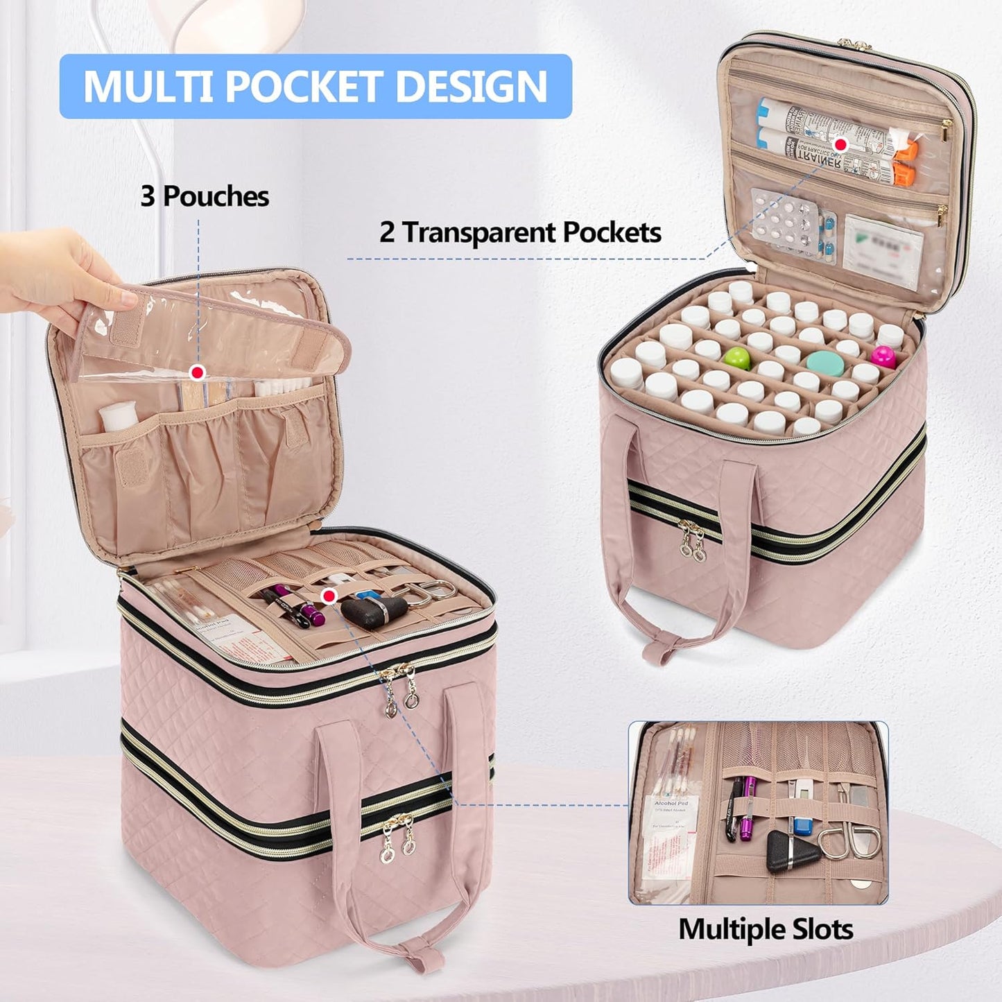 Yarwo Pill Bottle Organizer Storage Bag, 3 Layers Medicine Travel Case Empty with Demountable Design and Dividers for Pills, Potions, Vitamins and Emergency First Aid Supplies, Dusty Rose (PATENTED)
