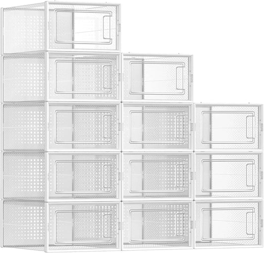 SONGMICS Shoe Boxes, Pack of 12 Shoe Storage Organizers, Stackable Clear Plastic Boxes for Closet, Sneakers, 13.1 x 9.1 x 5.6 Inches, Transparent and White ULSP12SWT