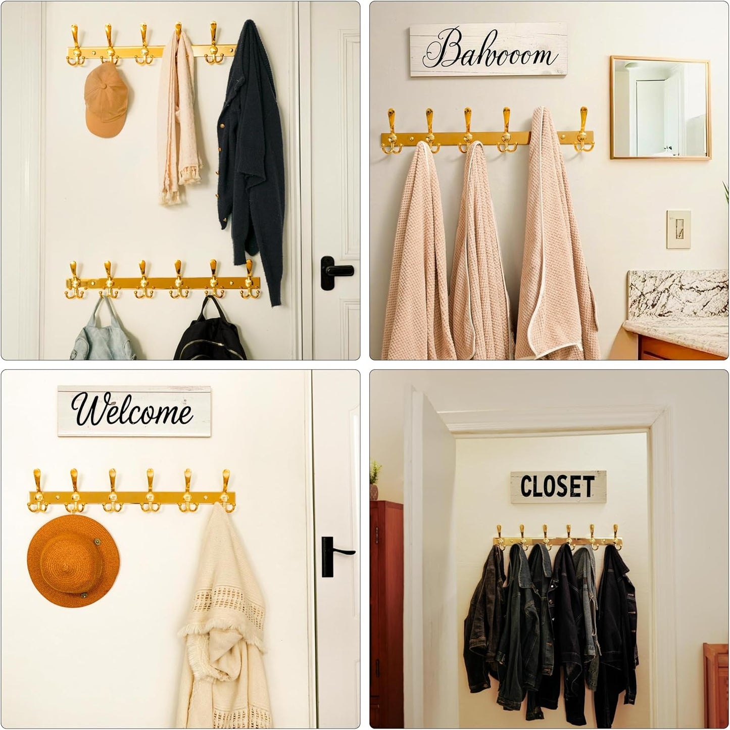 Dseap Coat Rack Wall Mount 2.0 Pro: 24” Long, 3X Tougher, Heavy Duty Stainless Steel Wall Coat Hanger with 6 Tri Hooks for Clothes Jackets Hats Entryway Closet, Gold
