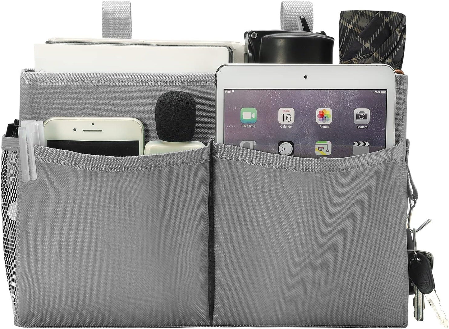 Bseash Bunk Bed Organizer, Bedside Caddy Hanging Bed Organizer Storage Bag with 4 Pockets and 2 Hooks, for College Dorm Rooms Bed, Hospital Bed, Baby Bed Rails, 600D Oxford Cloth (Gray)