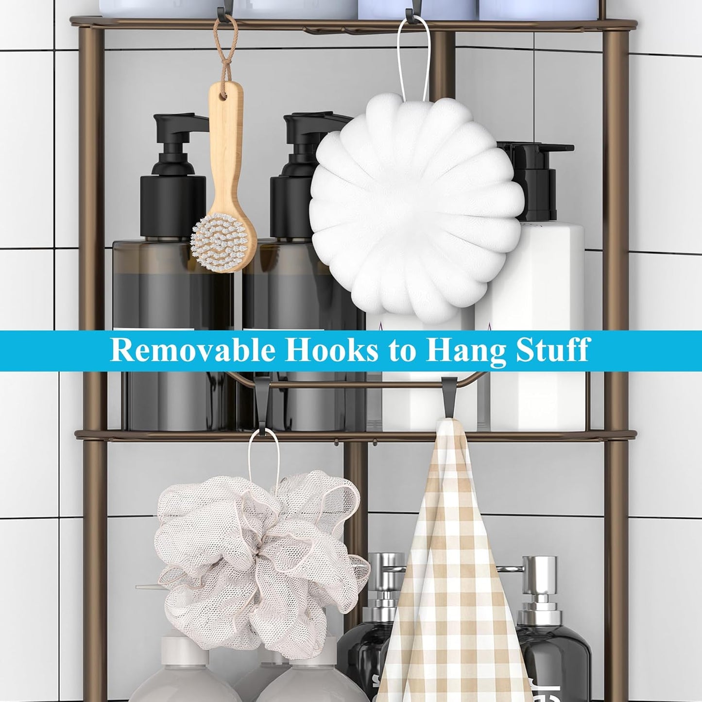 4 Tier Floor Standing Corner Shower Caddy Organizer Shelf with Hooks, Bathroom Shelves Stand Rack, Bronze
