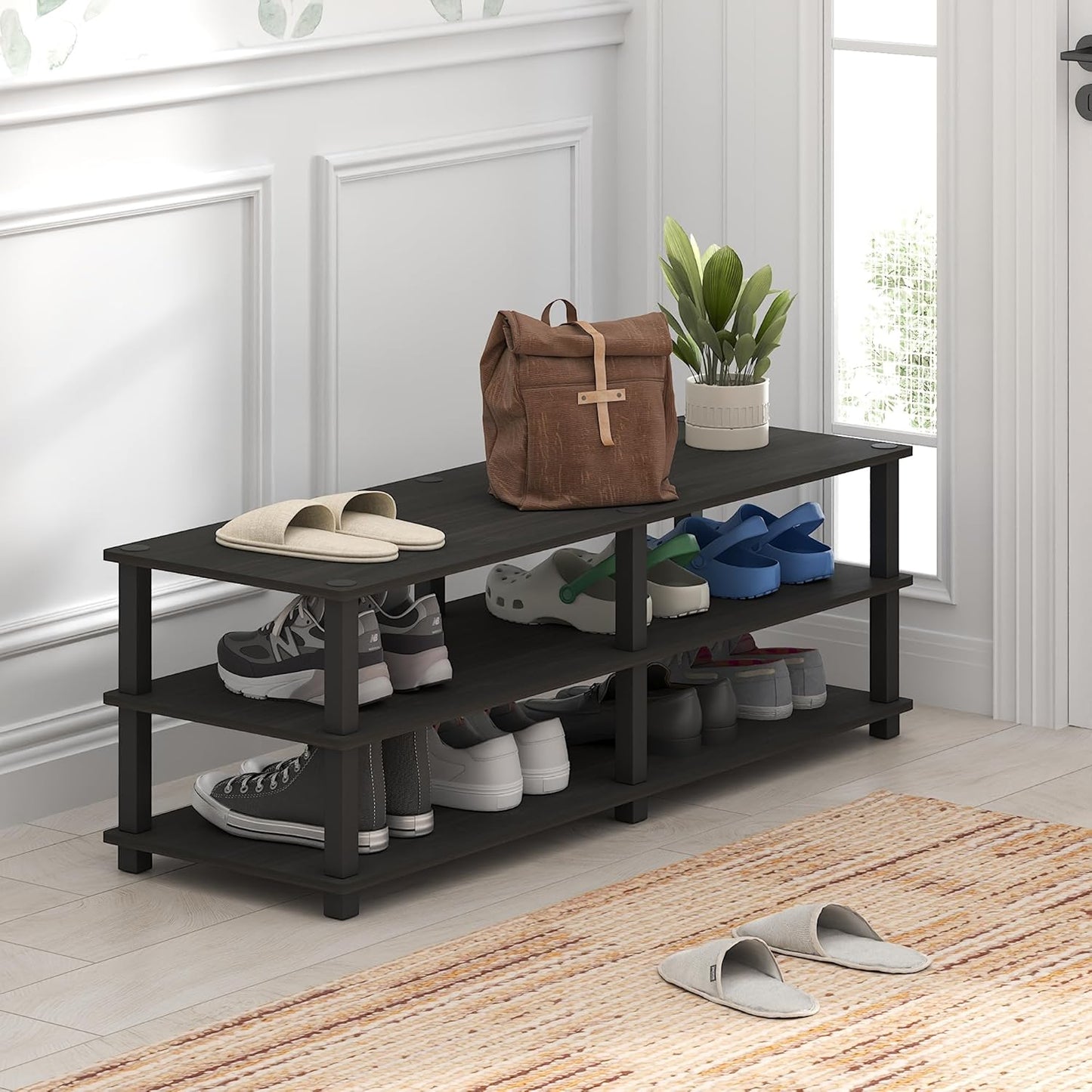 Furinno TURN-S-TUBE Shoe Rack, 3-Tier Shoe Organizer, Shoe Storage Rack with No Tools Assembly, 11.6 x 47.2 x 15.4, for Closet Entryway, Office, Garage, Espresso/Black