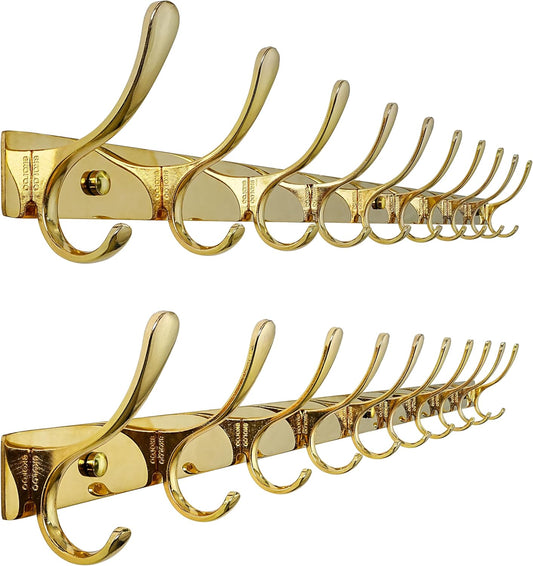 SKOLOO Coat Rack Wall Mounted - 10 Hooks, Pack of 2, Heavy Duty, Stainless Steel, Metal Wall Hangers, Sturdy Coat Hooks for Hanging Coats, Jacket, Clothes, Hat, Bright Gold