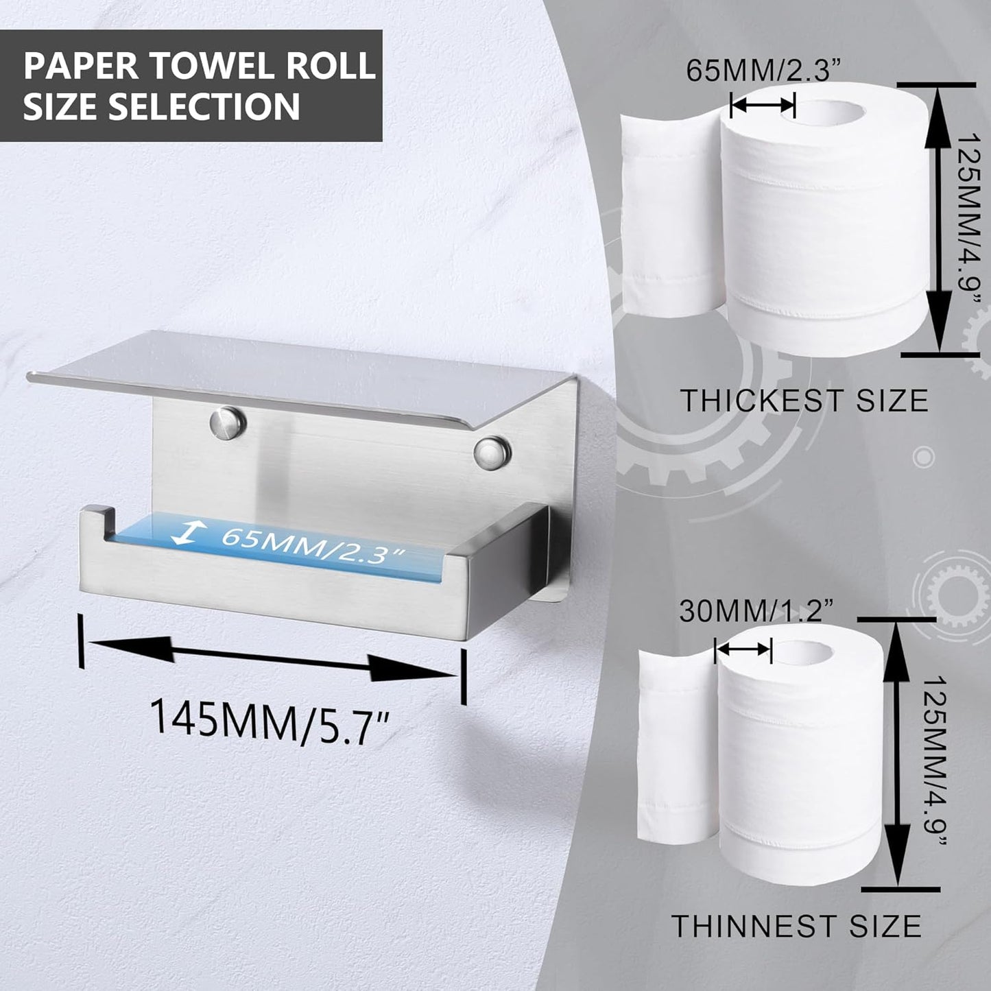 LANC Toilet Paper Holder with Shelf Brushed Nickel Toilet Tissue Roll Holder with Shelf for Bathroom Wall Mounted or Self-Adhesive Toilet Paper Roll Holder Stainless Steel, Left Rod, A8367BN-LF