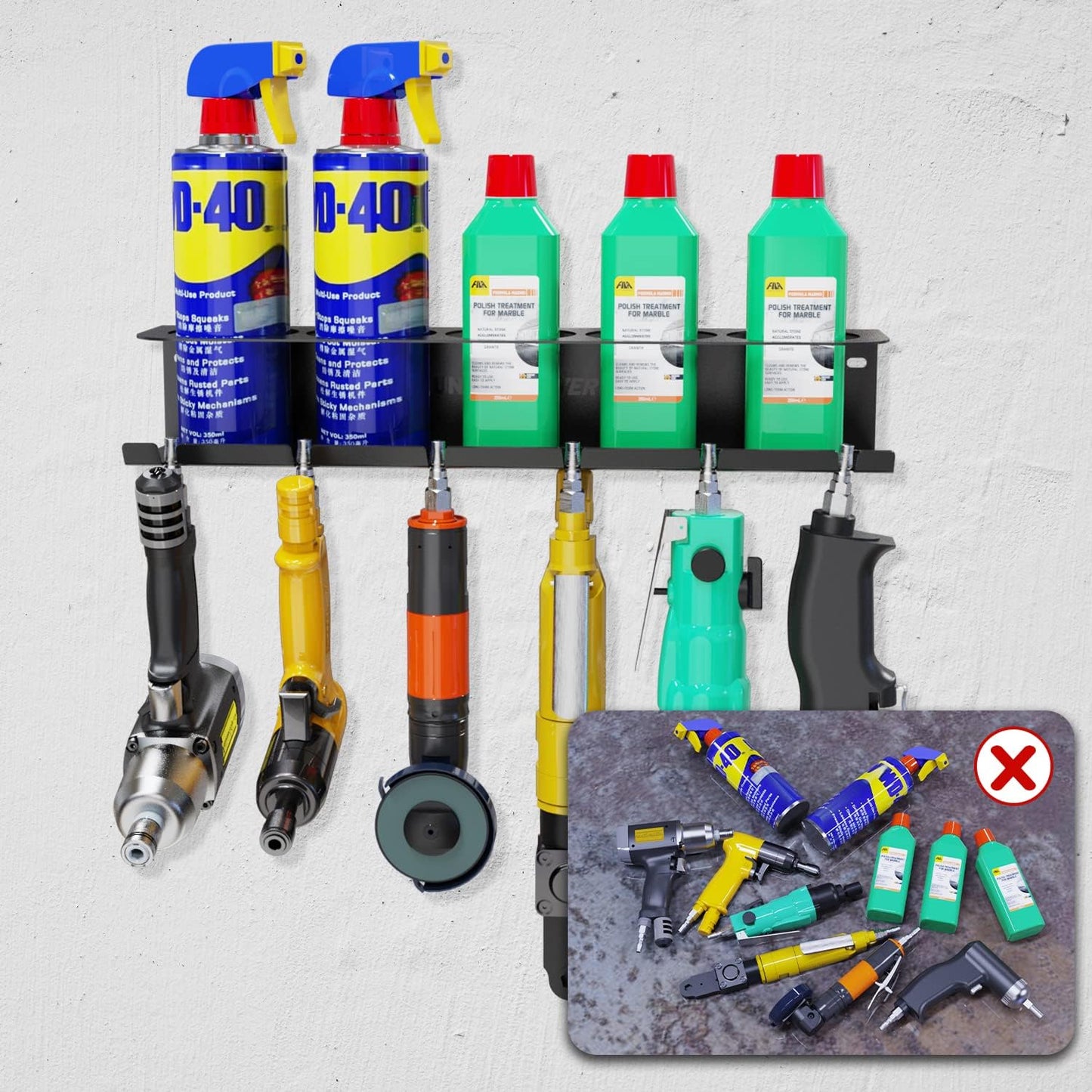 UNITEDPOWER Pneumatic Tool Holder/Aerosol Rack Combo, Wall Mounted Spray Can Bottle Holder, Air tool organizer, for Garage and Workspace, 5 Cans and 6 slots