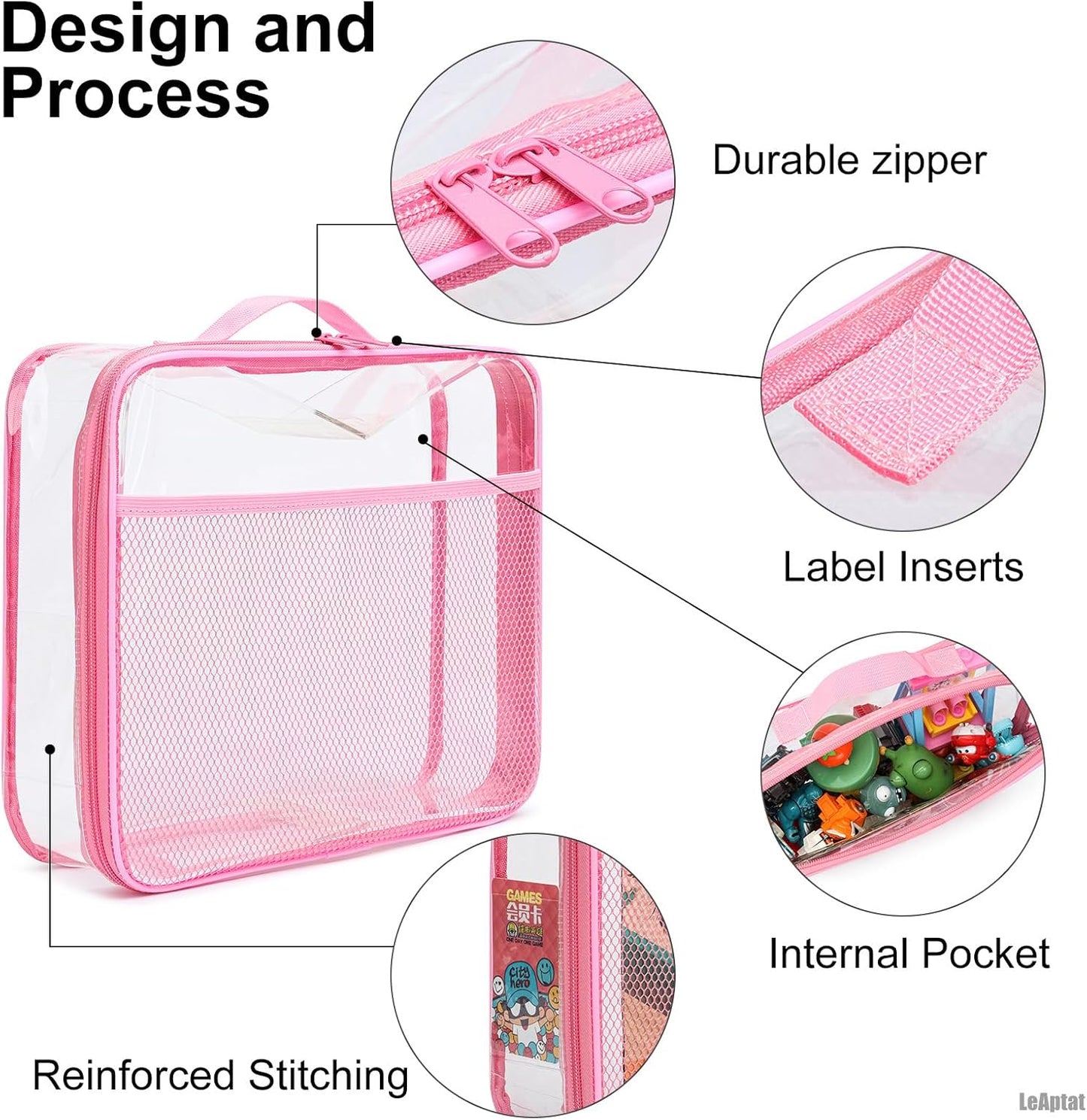 4 Pack Clear PVC Waterproof Toy Storage Bags with Name Tag Pockets - Zippered Organizer for 2x4 Building Blocks, Puzzles, Travel Toiletries, Kids Room Organization, With Name Tag Pocket (Pink, Large)