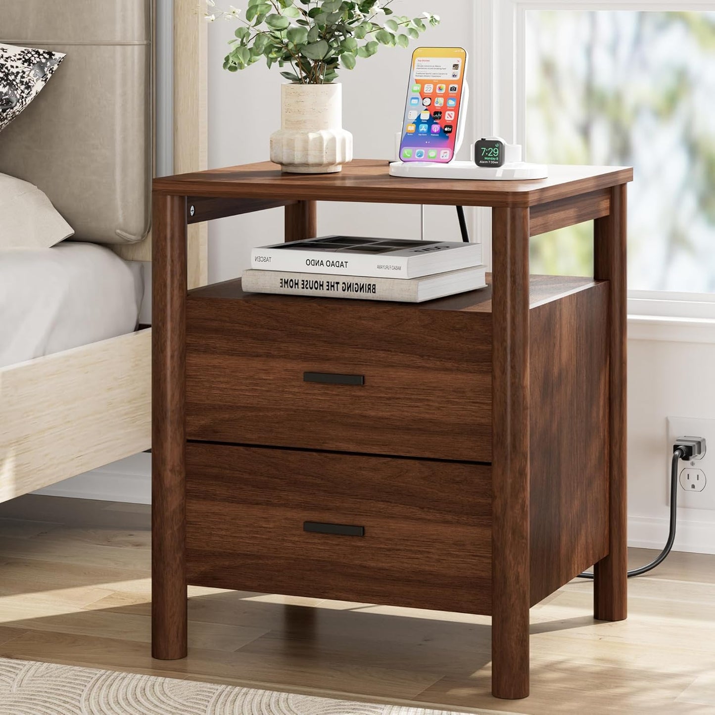 Night Stand with Charging Station, 20" Large Modern Side Table with Solid Round Post Legs, 2 Drawers Nightstand with Open Shelf, End Table/Bedside with Storage for Bedroom, Walnut