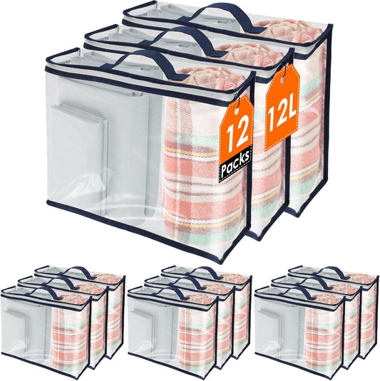 12 Pack Clear Storage Bags with Zipper 12L Blanket Storage Bag Waterproof Dustproof Bedding Storage Organizer Foldable Clothes Containers with Handle for Comforter Sweater Sheet 15.7x11.8x3.9 Inch