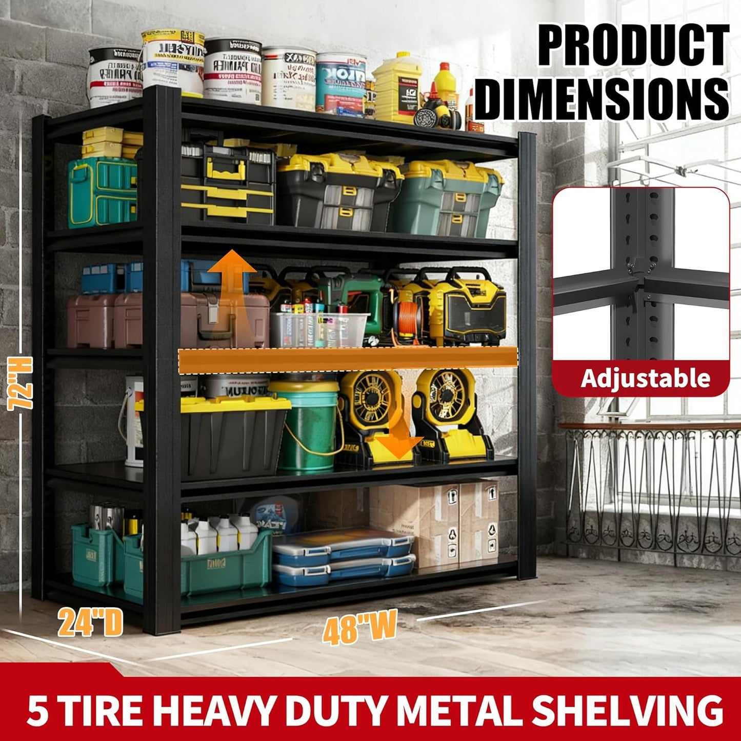 72" H Garage Shelving, Metal Storage Shelves, Adjustable 5 Tier Storage Rack, Heavy Duty Shelving, Industrial Utility Shelf for Garage, Warehouse, Bedroom, Kitchen, 24" D×48" W×72" H, Black