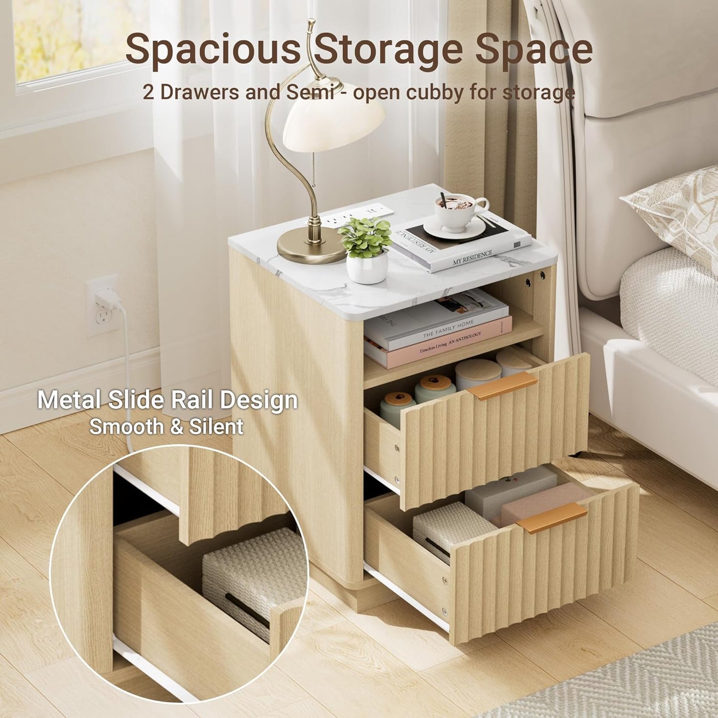 Fluted Night Stand with Charging Station, 18" Modern Nightstand with Faux Marble Top, 2 Drawers End Table with Storage, Bedside Table for Bedroom Living Room, Curved Profile (Natural Oak)