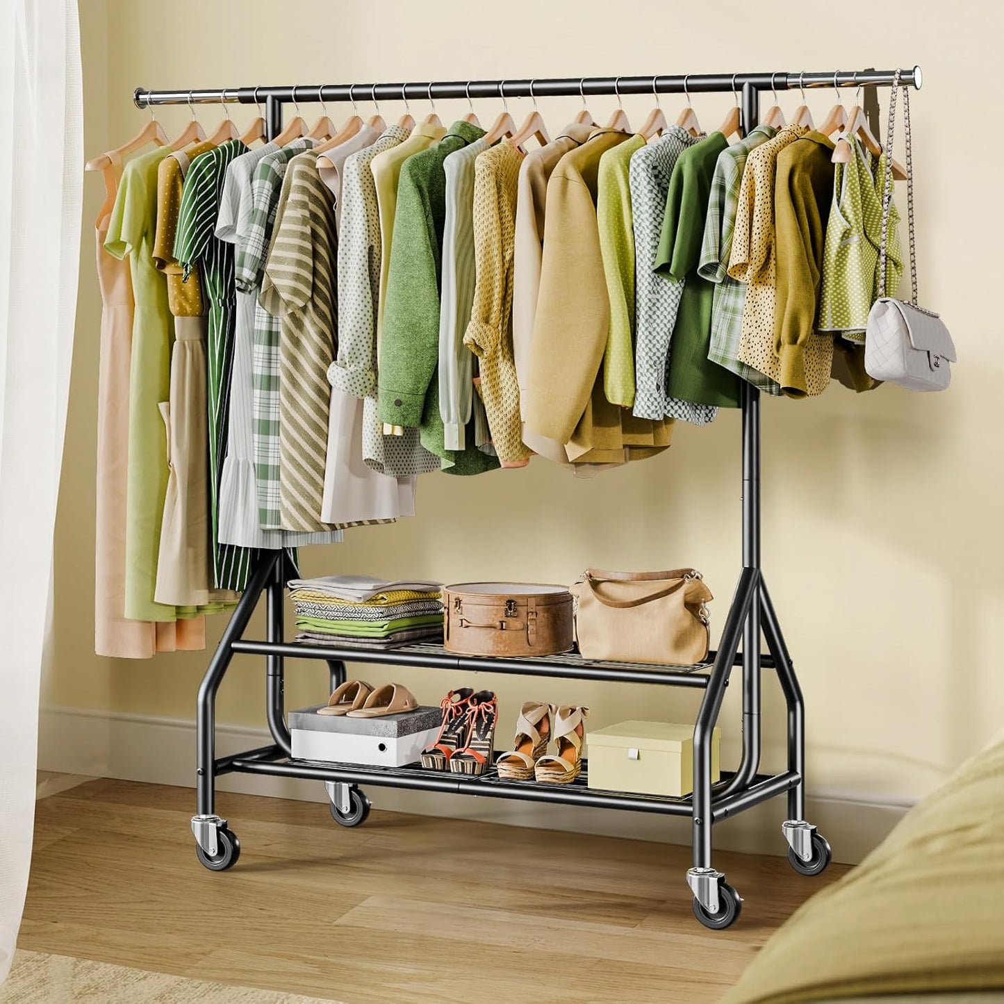Clothes Rack with 2 Shelves, Heavy Duty Garment Rack Load 450 LBS, Standing Rolling Metal Hanging Clothes with Sturdy Wheels & Shelves