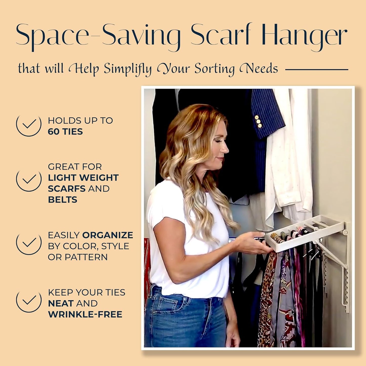 TieMaster Tie Rack and Scarf Organizer, Battery-Free Design, Holds 60 Ties and Scarves with 5 Belt Hooks, Easy Installation, Wall Mounted Tie Organizer, Luxury Gift for Men & Women