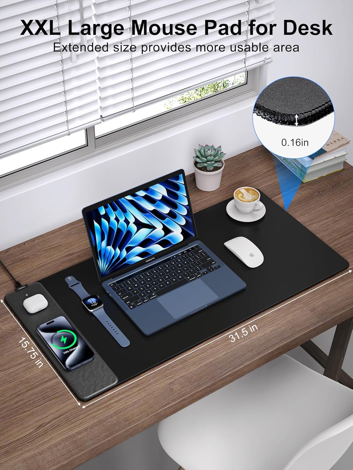 TopMade Wireless Charging Mouse Pad, Gaming Mousepad Home Office Large Desk Pad with Ultra-Smooth Surface, Non-Slip Base, Waterproof Keyboard Mat (Includes 20W PD Power Adapter & 6.56ft Woven Cable)
