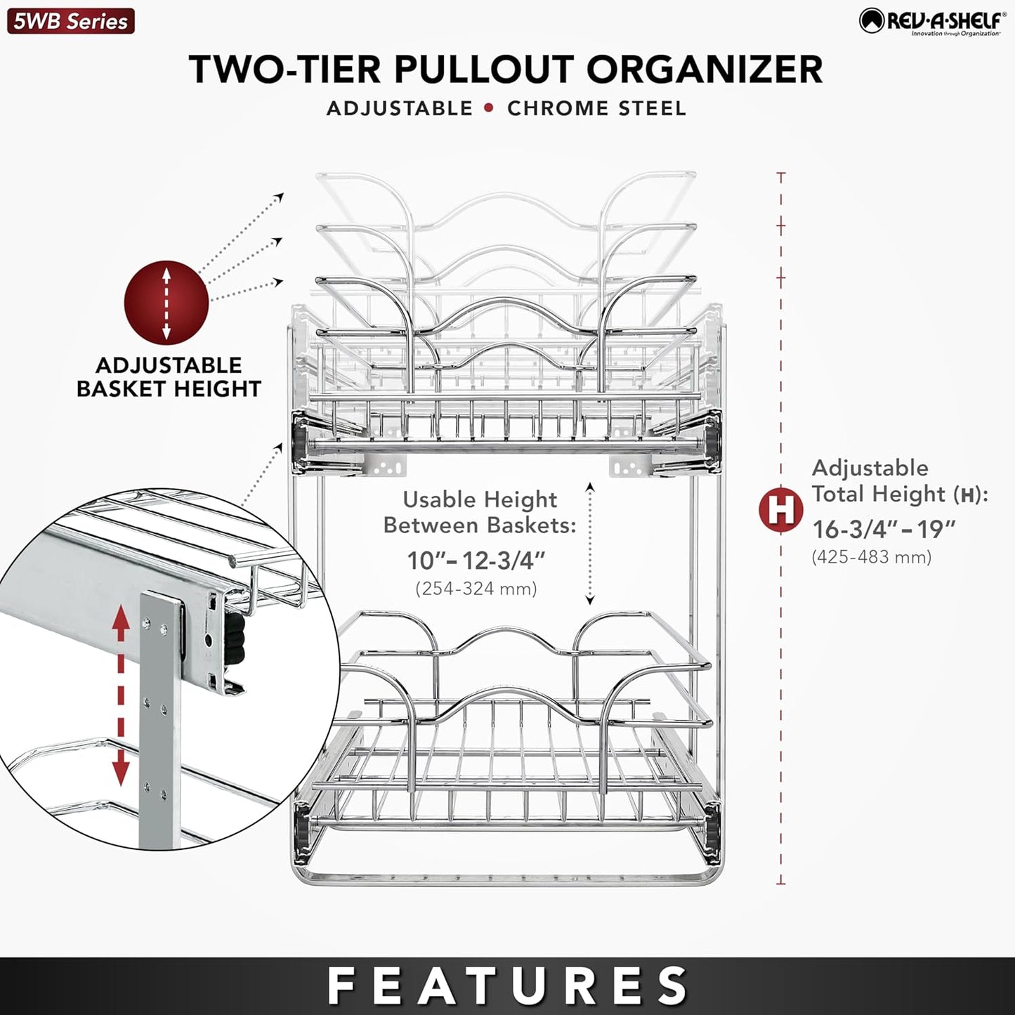 Rev-A-Shelf 2-Tier Kitchen Cabinet Pullout Shelf and Drawer Organizer Slide Out Pantry Storage Basket in Multiple Sizes, 12 x 22 In, 5WB2-1222CR-1