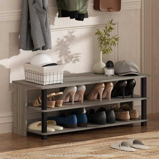 Furinno Turn-N-Tube Shoe Rack, 3-Tier Shoe Organizer, Compact Shoe Storage with Open Shelves, 15.5 x 41.1 x 15.8, for Closet Entryway, Office, Garage, French Oak/Black