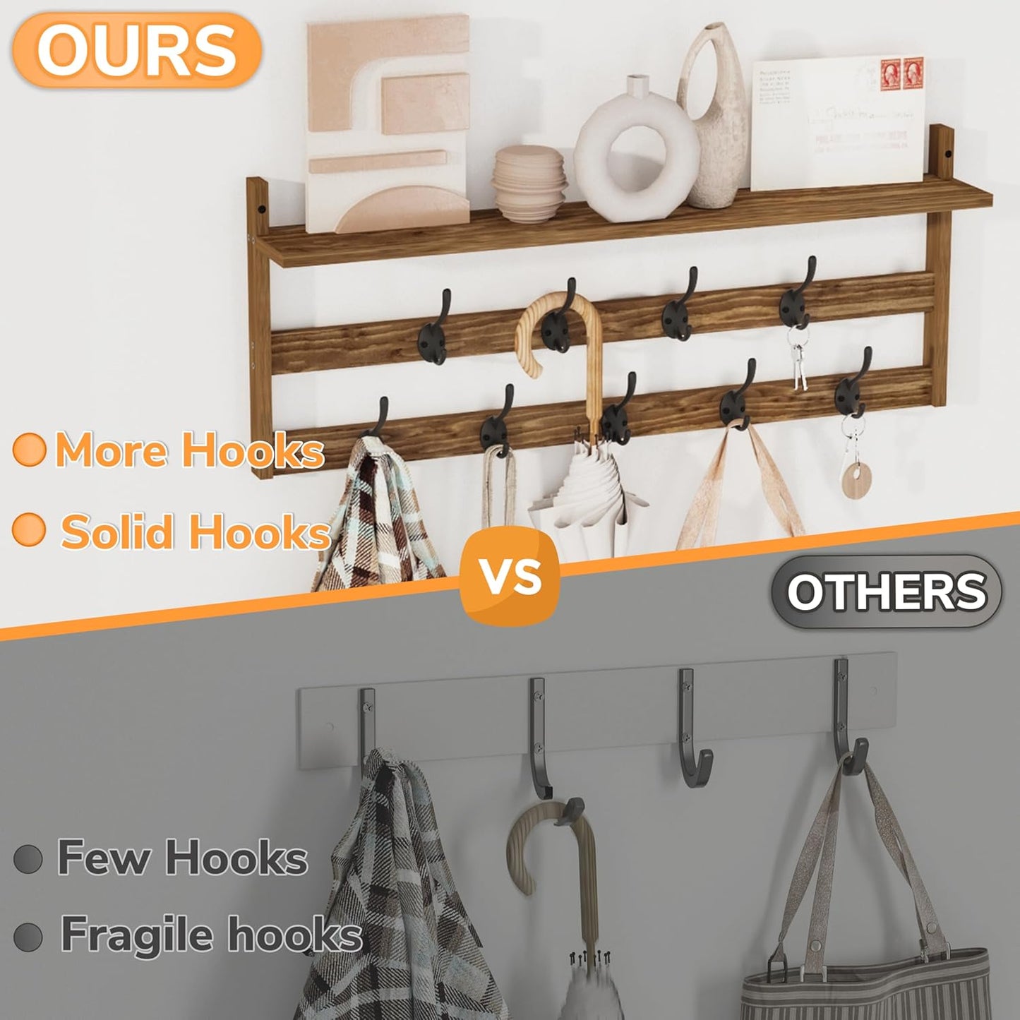 AMBIRD Coat Rack Wall Mount with Shelf, 29" Coat Hooks Wall Mounted with 9 Metal Hooks for Entryway, Bathroom, Bedroom, Living Room, Kitchen, 2 Tier Wall Hooks for Clothes, Hat, Towel, Key, Purse