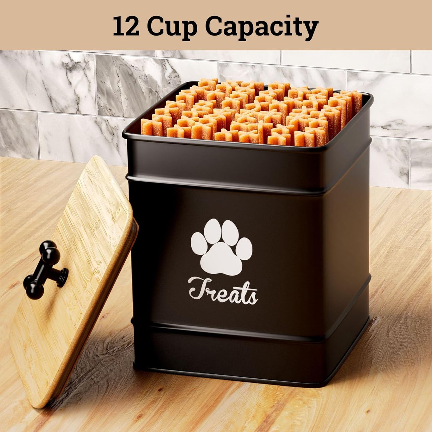 Dog Treat Container Airtight - 6 Inch Wide x 8 Inch Tall Iron Dog Treat Jar for Kitchen Counter with Airtight Bamboo Lid - 12 Cup Capacity Pet Treat Container - Doggie Cookie Jar - Big Treats Canister