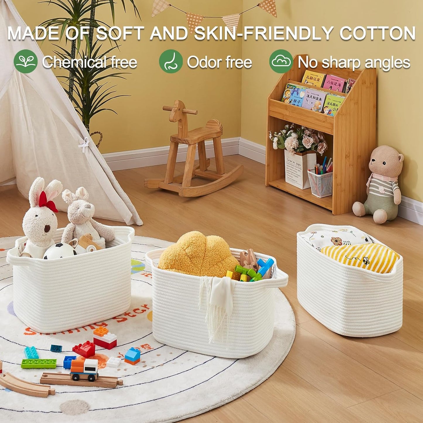 Storage Baskets for Organizing, Woven Baskets for Shelves, Rectangle Decorative Organizer for Storage Clothes, Toy, Books, Towels Nursery Bins 3 Pack (White, 13"x9.85"x8.7")