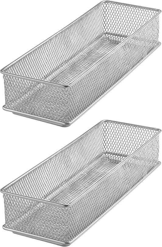 YBM HOME Silver Mesh Drawer Cabinet and or Shelf Organizer Bins, School Supply Holder Office Desktop Organizer Basket (2, 3x9x2 Inch)