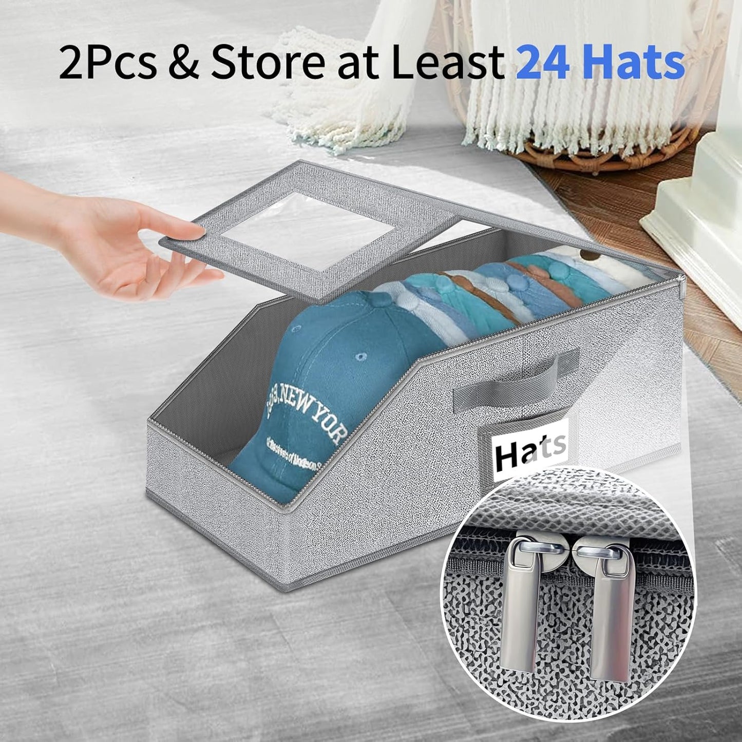 Aokeyee Hat Organizer for Baseball Caps - 2PCS Stackable Storage with Clear Window Lid, Flip-Top Access, Space-Saving Hat Box for Closet, Breathable Fabric (Grey)