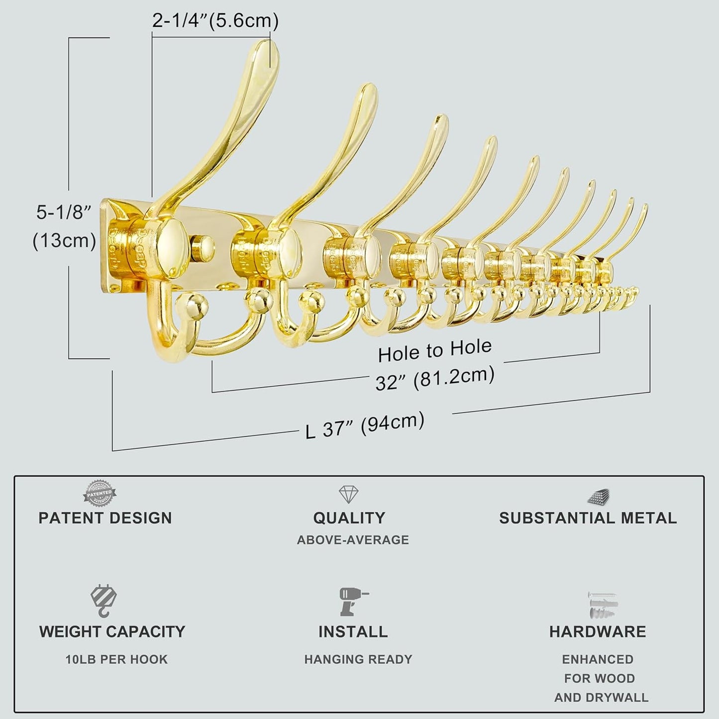 Dseap MaxStrong 2.0 Coat Rack Wall - 37” Long 10 Tri Hooks - Ultra Heavy-Duty Stainless Steel Wall Mount Coat Hanger, Hook Rail for Clothes Hats Jacket Towels Gold