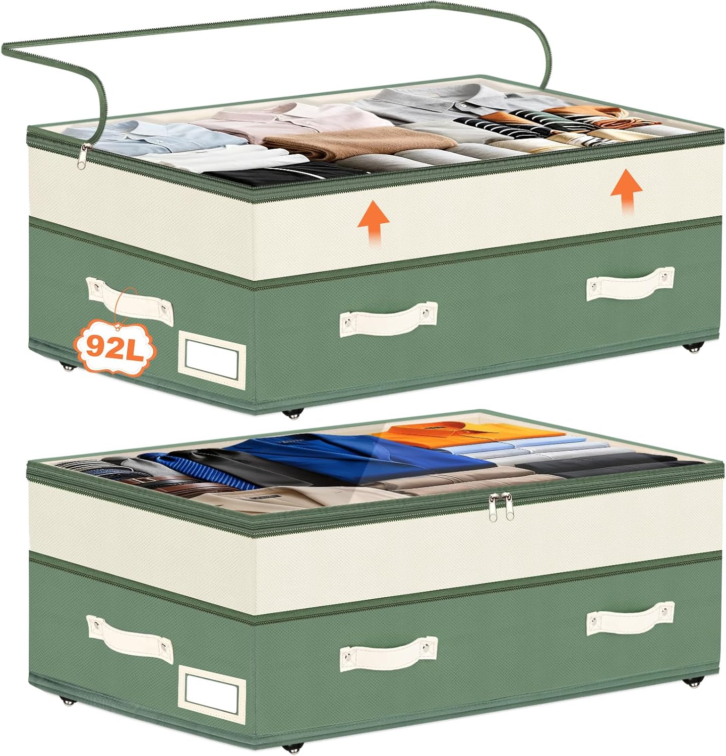 Dolicer 2 Pack Under Bed Storage with Wheels, 6in-10in Height Adjustable Underbed Storage Containers, 92L XXXL Under Bed Drawers Rolling Bin with Clear Lids for Dorm Shoes Clothes Organizers(Green)
