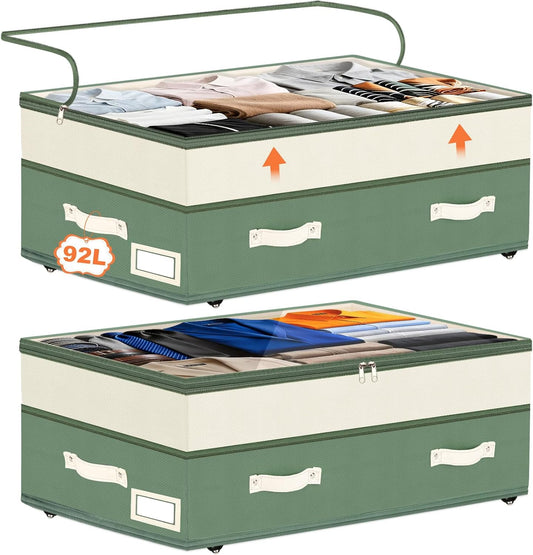 Dolicer 2 Pack Under Bed Storage with Wheels, 6in-10in Height Adjustable Underbed Storage Containers, 92L XXXL Under Bed Drawers Rolling Bin with Clear Lids for Dorm Shoes Clothes Organizers(Green)