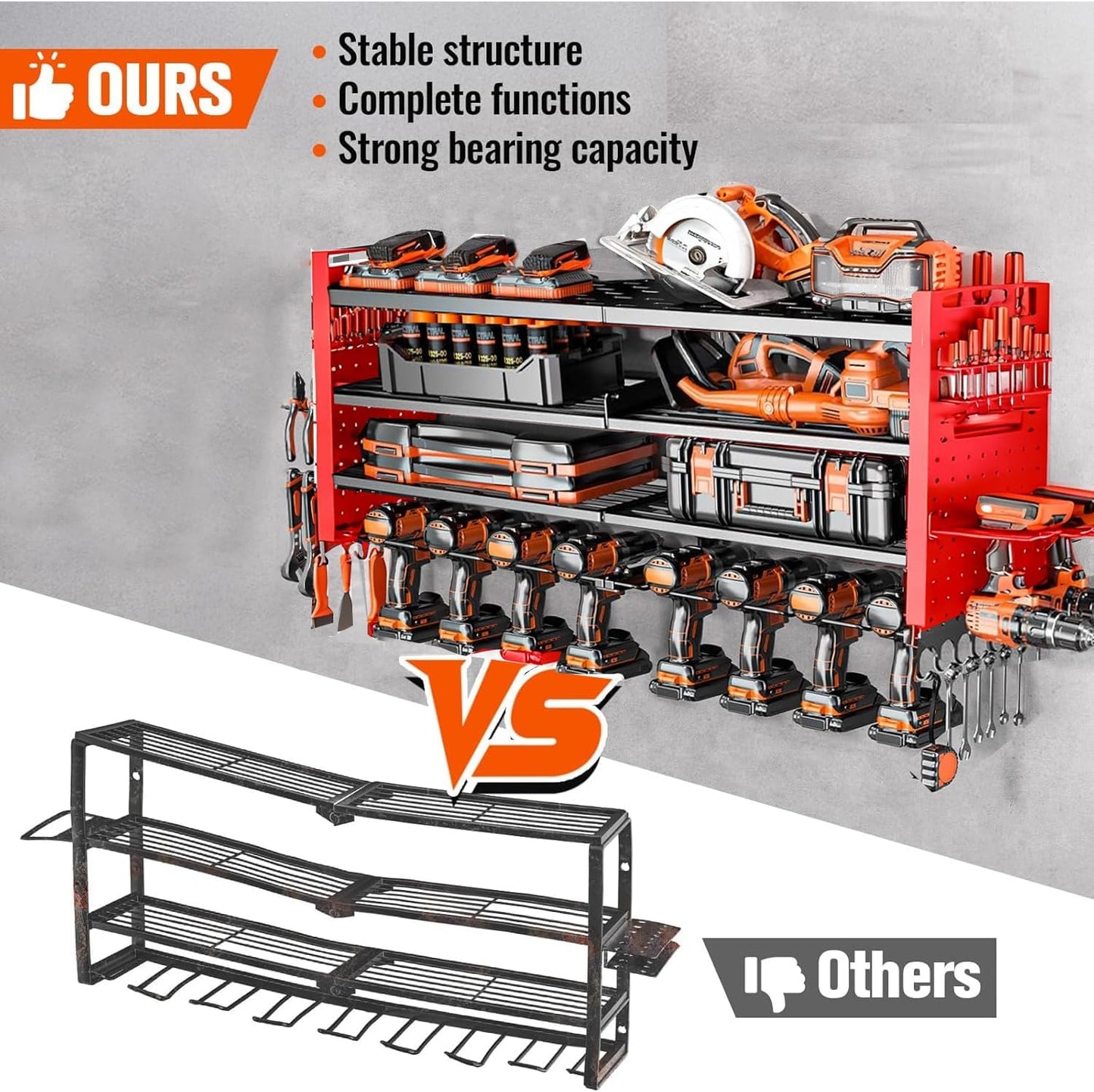 33" W Power Tool Organizer Wall Mount,4-Layer Heavy Duty Tool Storage with 10 Cordless Drill Holder,300 lb Capacity Garage Organization for Garage and Workshop,Red