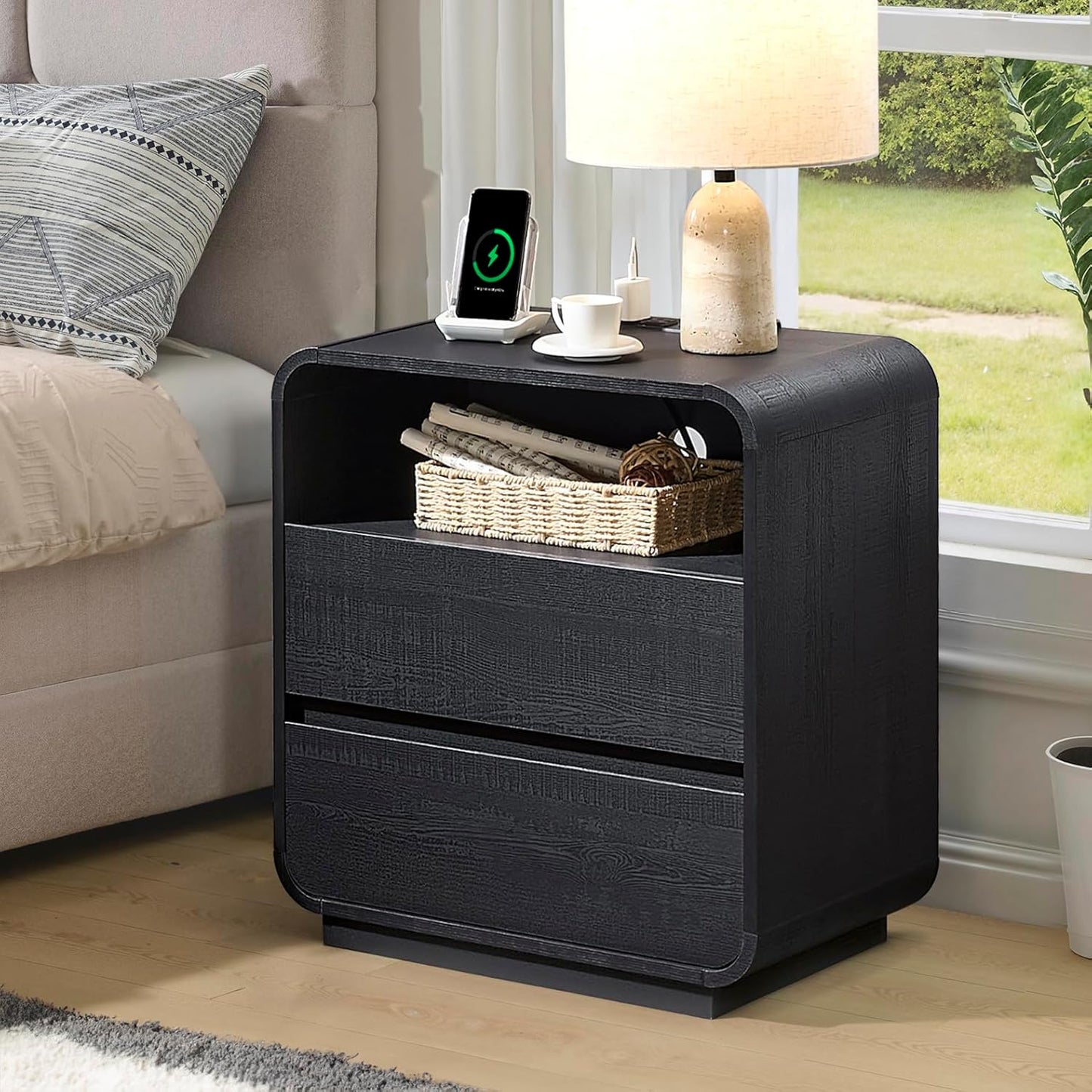 Curved Black Nightstand with Charging Station, 25" Tall Wood Night Stand, Modern Bedside Table with 2 Storage Drawers, End Table for Bedroom, Dorm, Sofa, Office