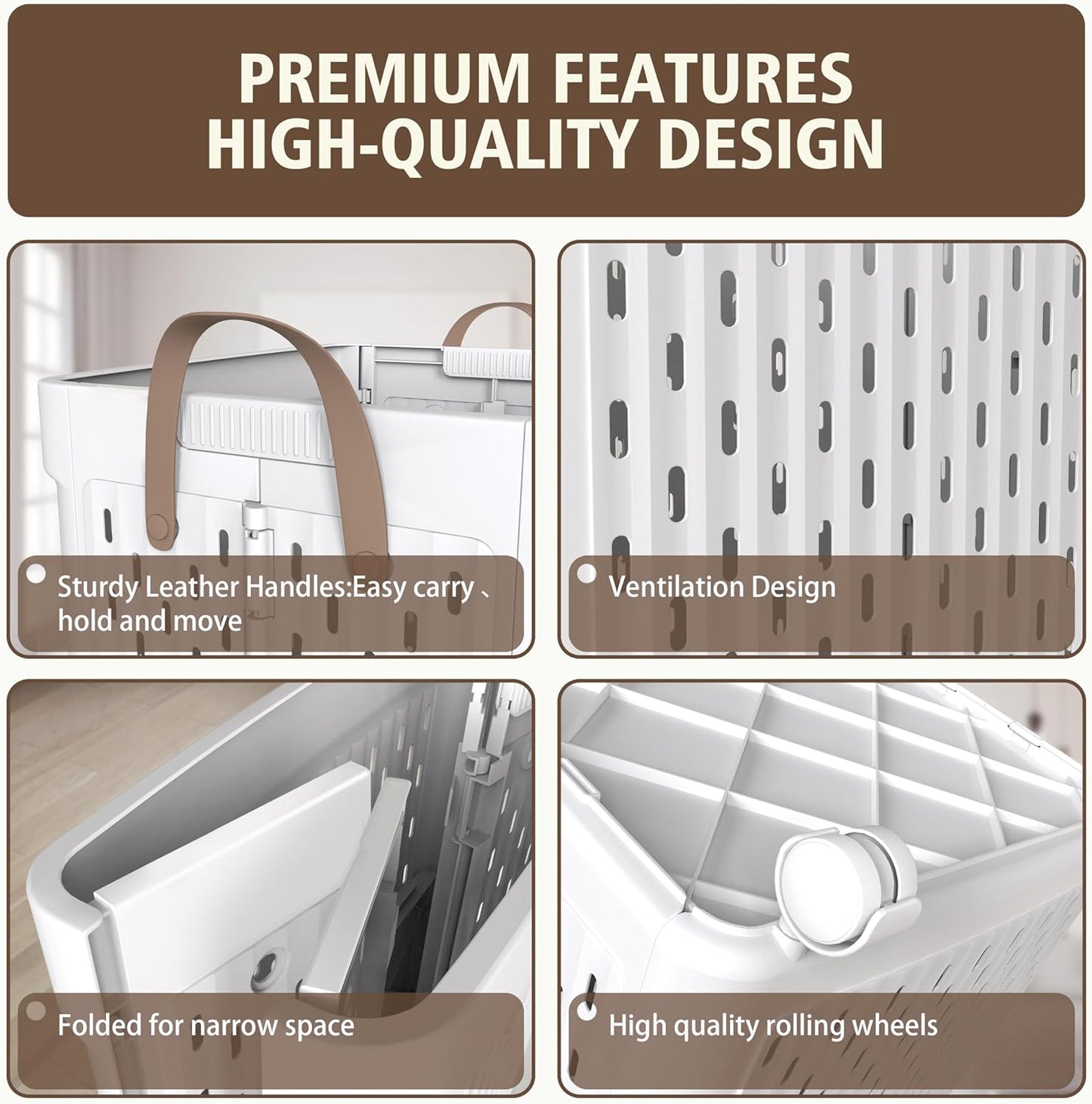 UAK Laundry Basket with Wheels, Collapsible Plastic Laundry Hamper with Handle, Foldable Laundry Basket Organizer for Laundry and Bathroom (‌Pure white, XXL)