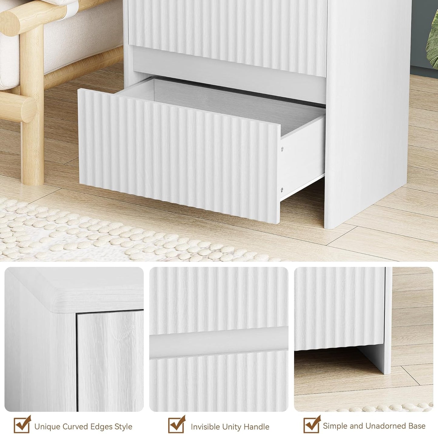 Fluted Nightstand, 23" Wood Bedside Table with 2 Storage Drawers, Modern Night Stand for Bedroom, Office, White